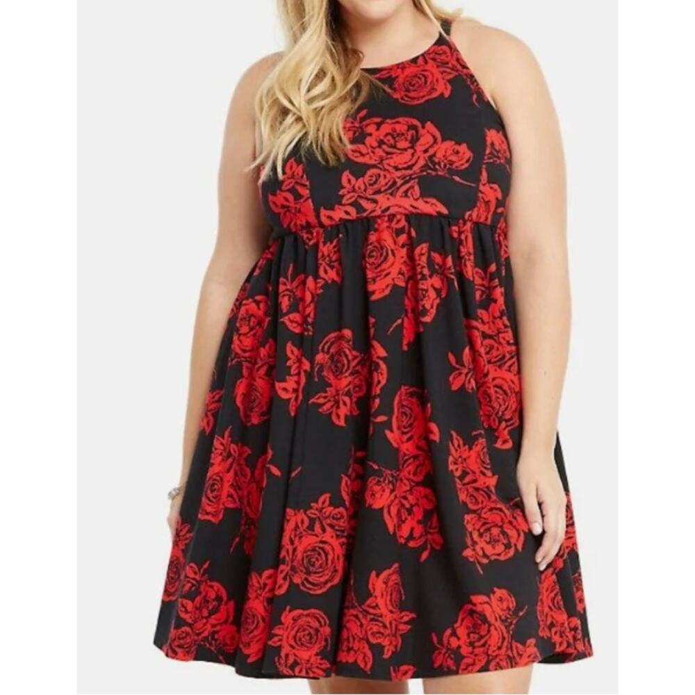 Torrid Red Rose Floral Fit Flare Halter Black Gothic Rockabilly Mini Size 24